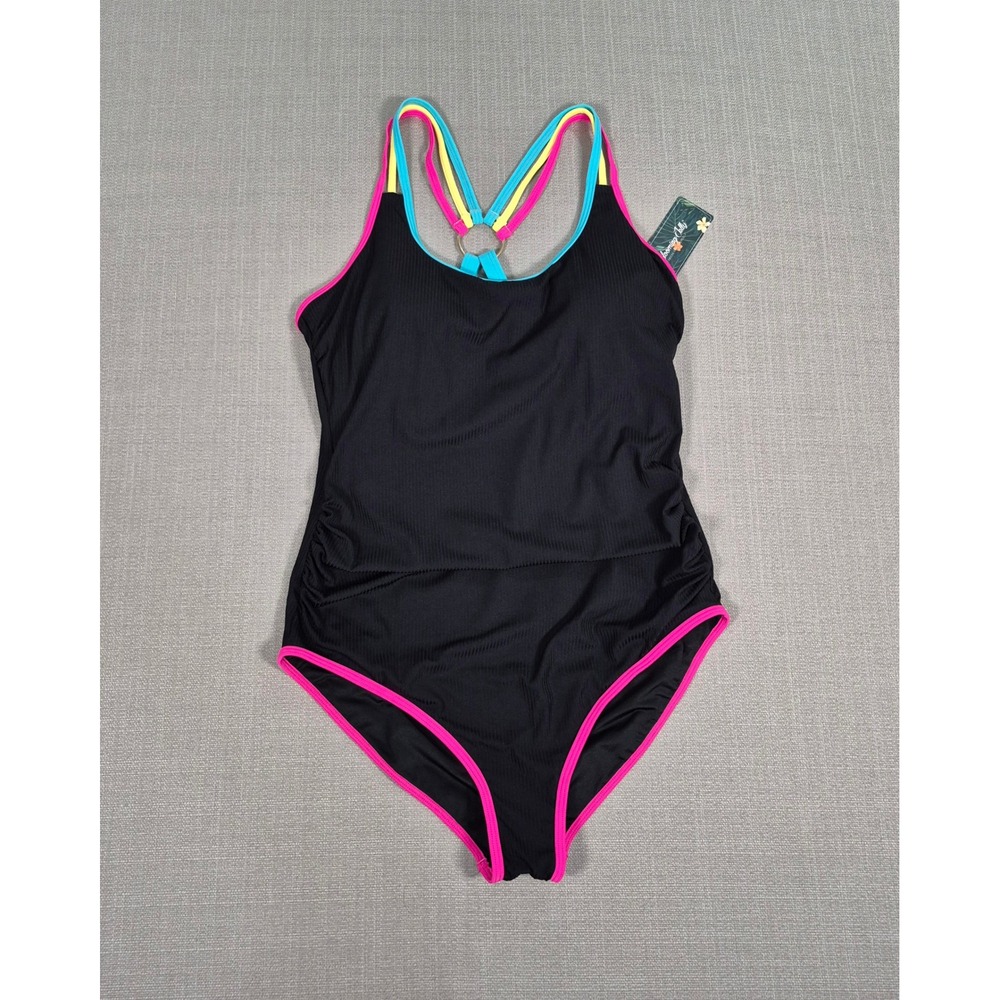 Blooming Jelly Womens One Piece Swimsuit Black Neon Ribbed Tummy Control Large